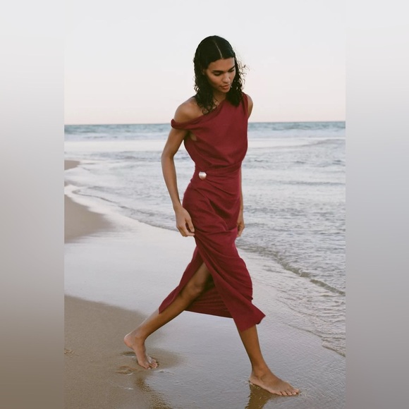 🔥🔥Zara Burgundy Off-Shoulder Dress (Linen blend) - Picture 1 of 7